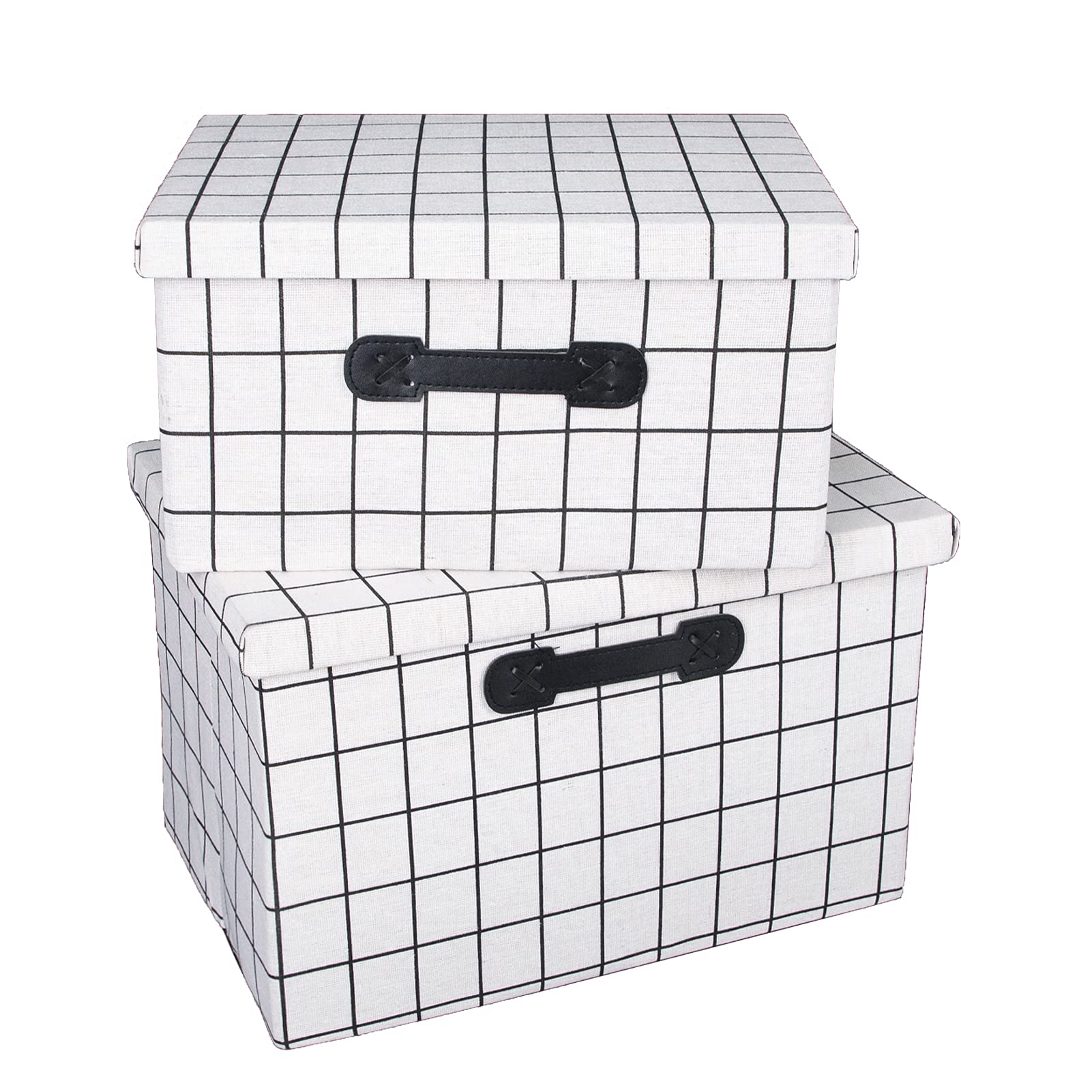 Gentelory Folding Storage Box with Lid [2pcs] Linen Decorative Storage Basket with Lid Storage Box-Household, Office Storage Box with Removable Lid, White Checkered