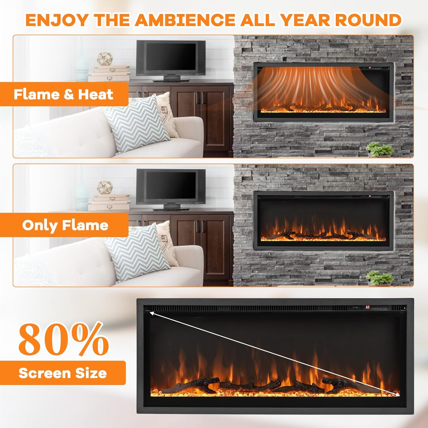 ORALNER Electric Fireplace, 42" Wall-Mounted & Recessed, Free Standing Linear Fireplace Heater, 9 Flame Colors & 5 Adjustable Brightness, Remote & 8H Timer, Crystal & Log Set, 750W/1500W (42 Inches)