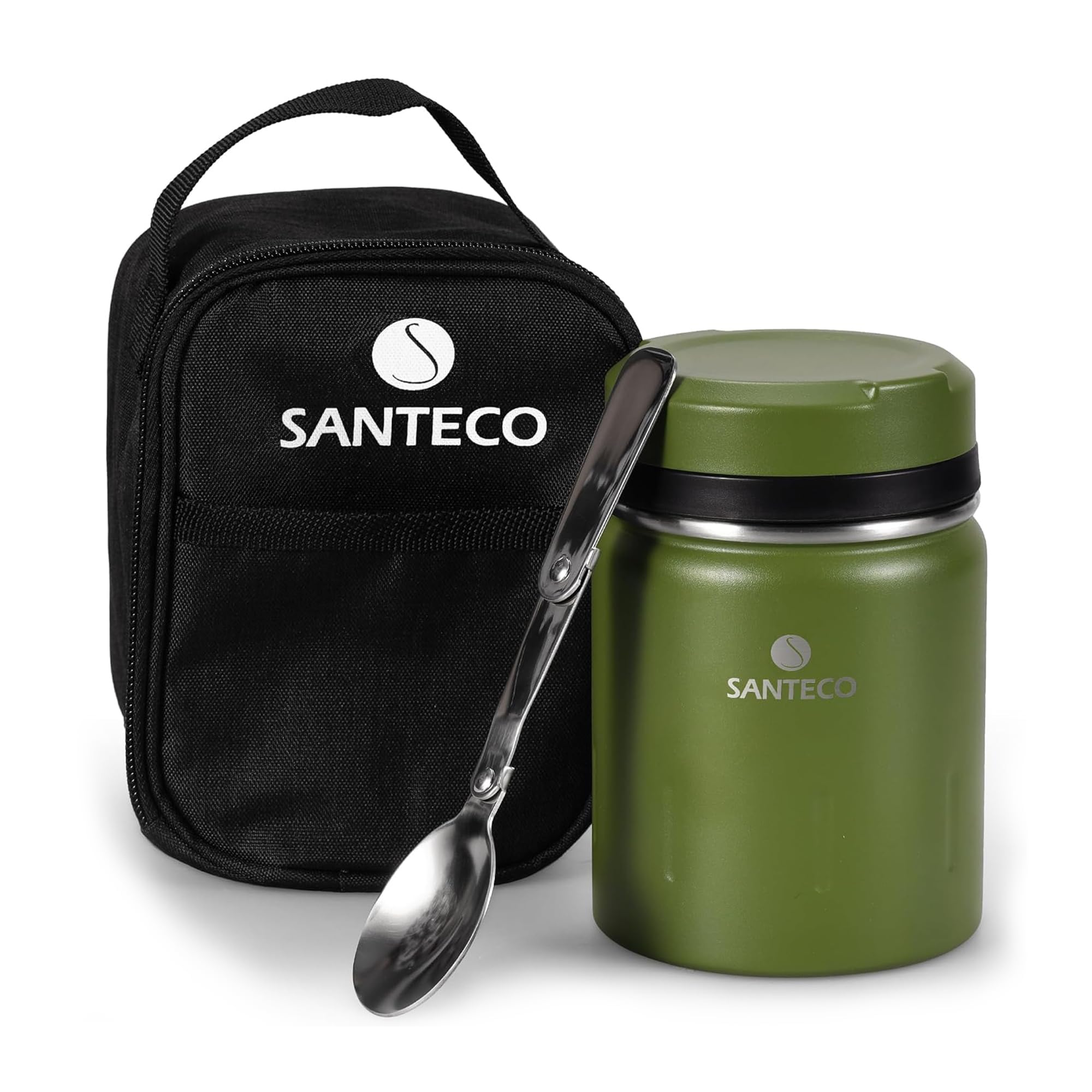 SANTECO Boîtes Alimentaires Isothermes en Acier Inoxydable 500ml avec Sac, Boîte Isotherme Bol Isotherme Repas Chaud et Froid avec Cuillère Pliante, Récipient Alimentaire Isotherme pour Ecole, Burea