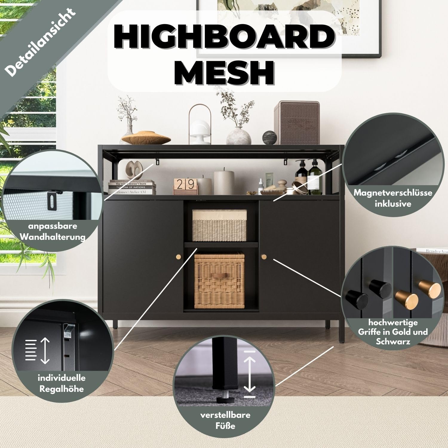 Sideboard Mesh, schwarz, schmale Kommode aus Metall, Büro