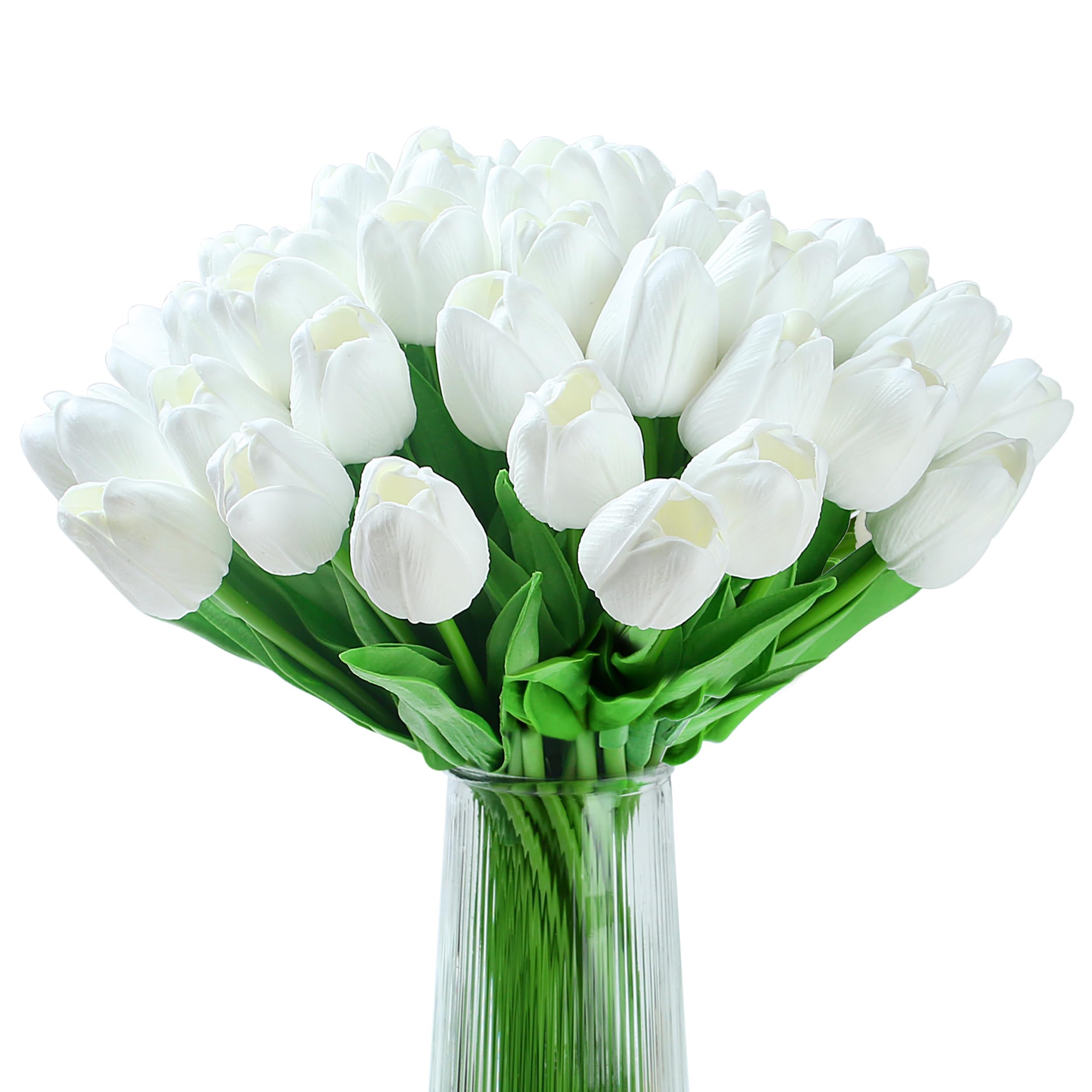 XIANNVXI 20 Pcs Artificial White Tulips White Flowers Silk Tulips Funeral Flowers Decorative Fake Faux Spring Flowers Wedding Bouquet for Bride Mothers Day Easter Decorations Indoor 14 Inch