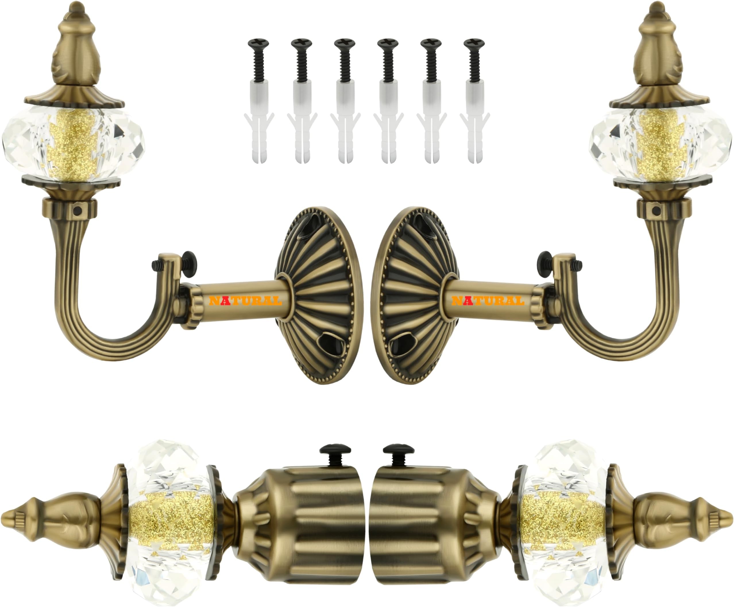 NATURAL Heavy Duty Aluminum Royal Luxury Design Curtain Bracket/Finial and Curtain Support with Screw/Wallplug for Window & Door Curtain Fittings Suitable Upto 1 Inch Pipe. (2 Set, Antique Brass)