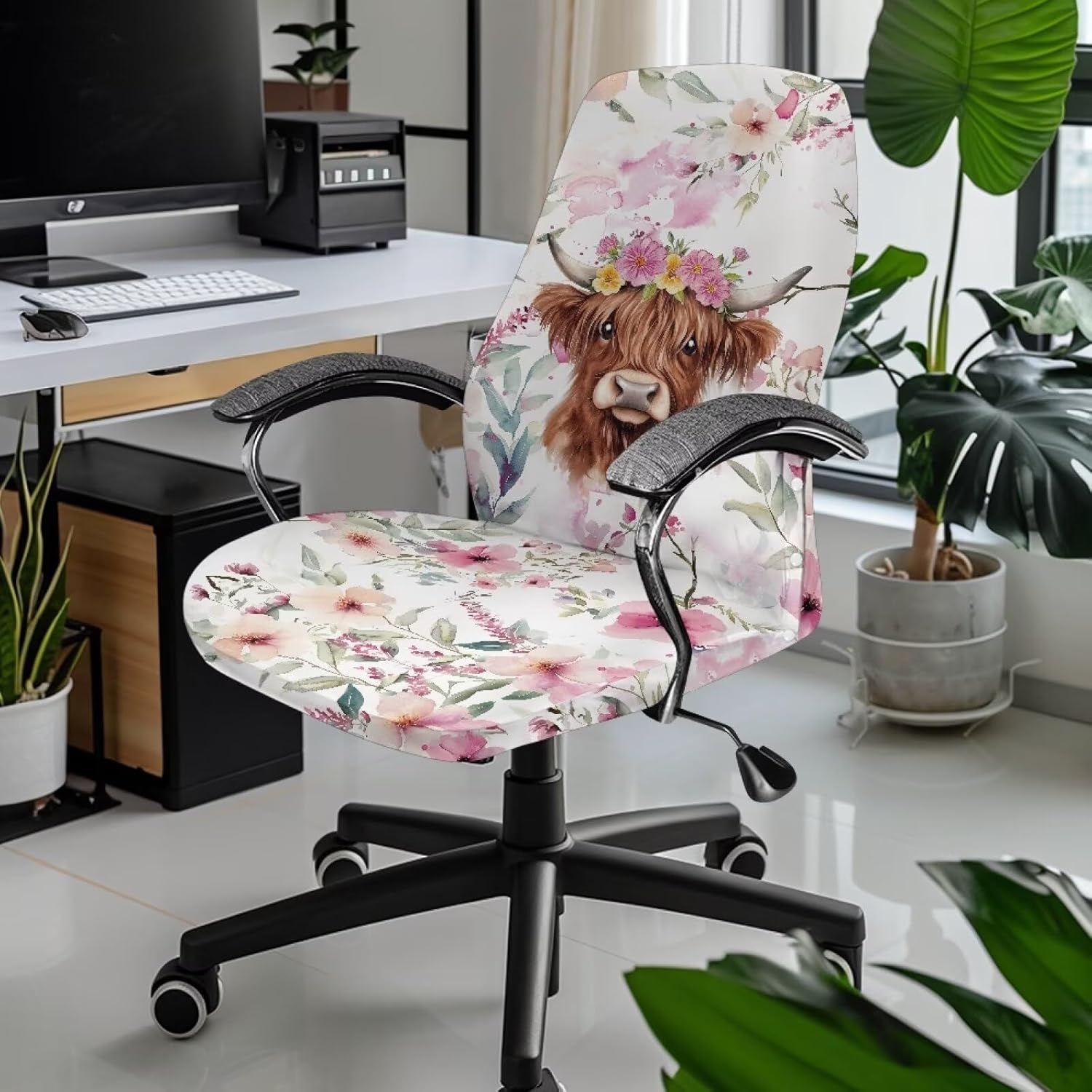 Wanyint Highland Cow Flower Pink Home Office Chair Cover for Armrest Chairs Universal Stretchable Rotating Boss Chair Slipcover Chair Protector Cover for Office Chair, L
