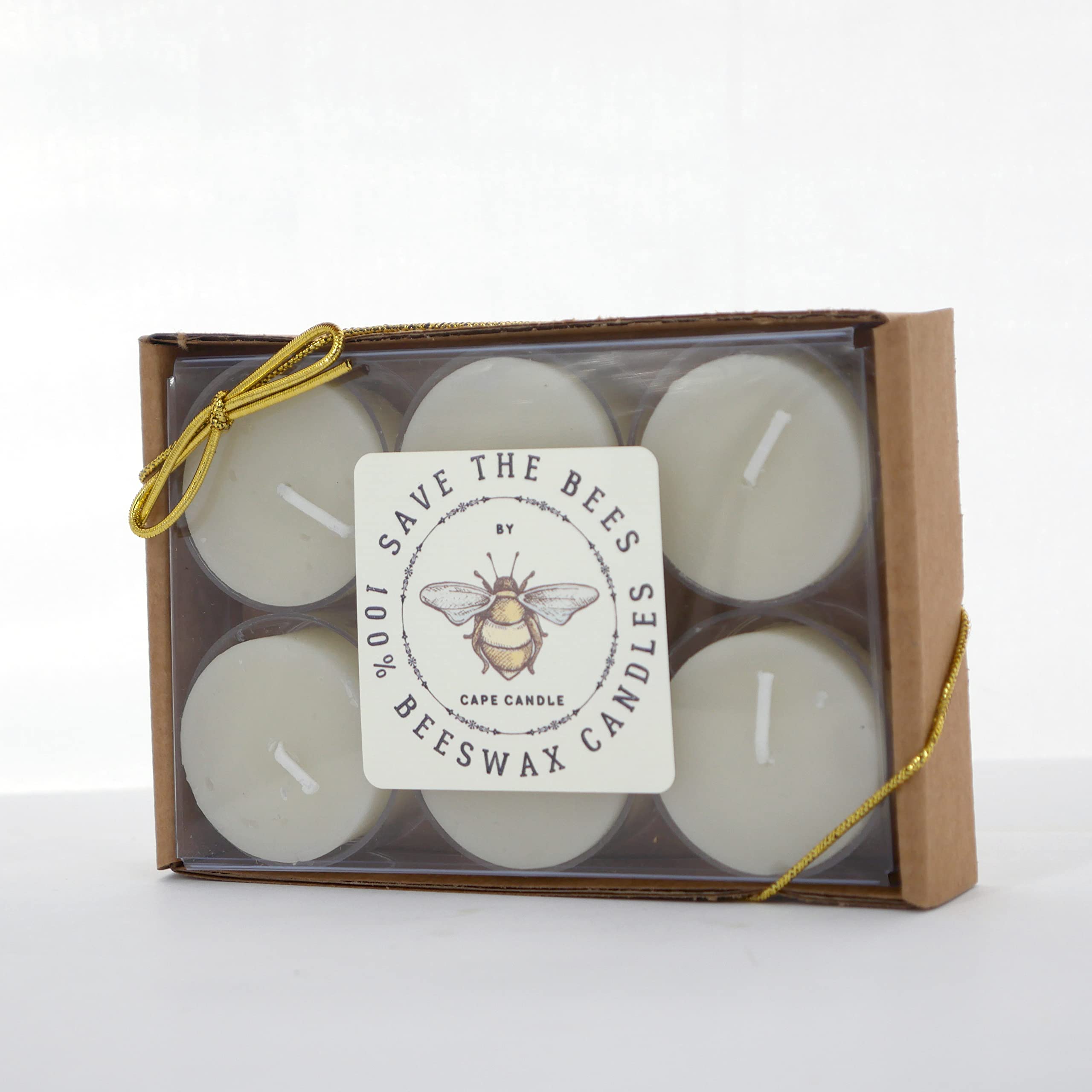 100% Beeswax TEALIGHTS (Box of 6) Save The Bees by CAPE CANDLE (Ivory)