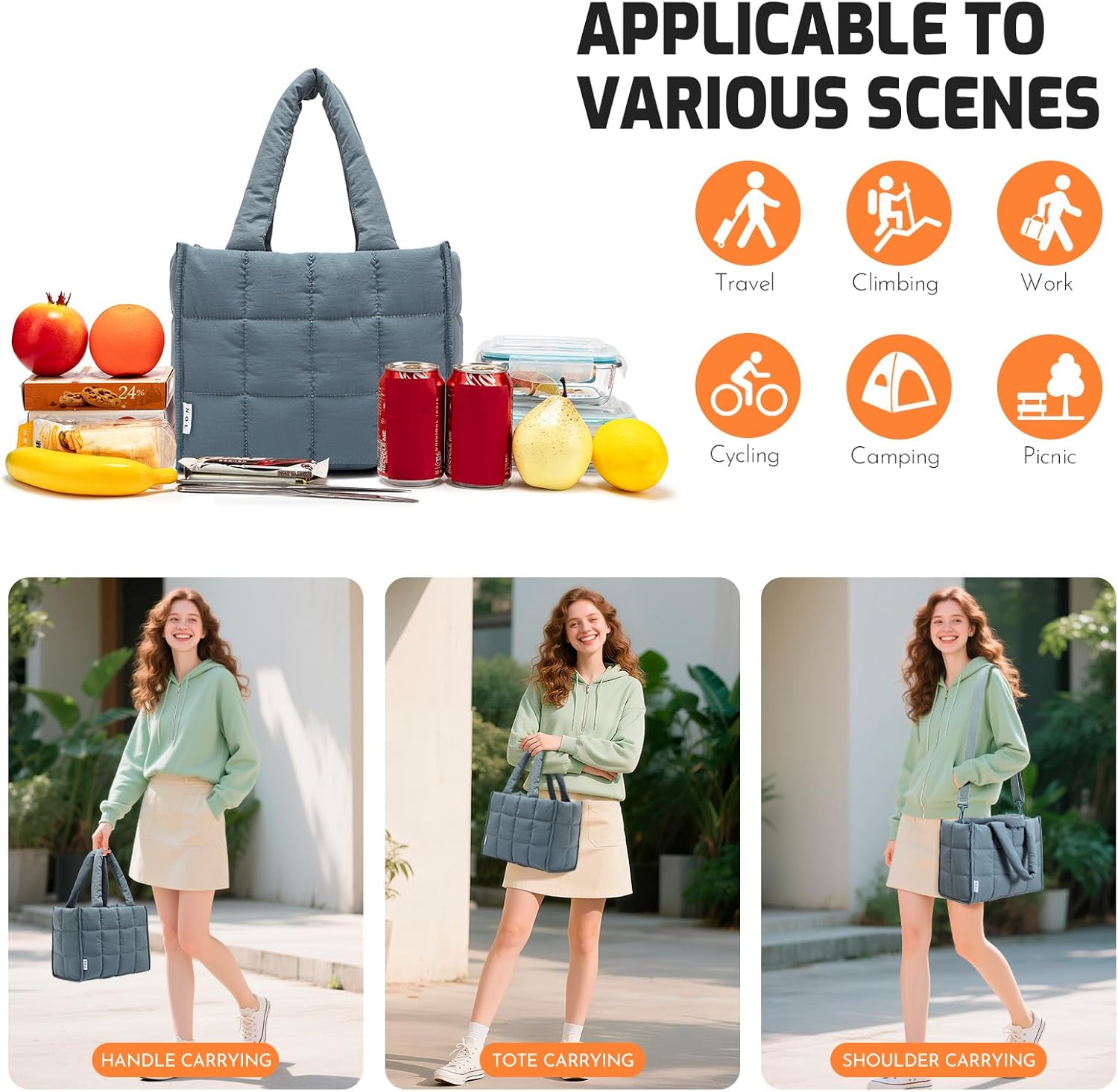 NOL Natural Organic Lifestyle Women's Nylon Lunch Cooler Quilted Tote Bag Puffy Insulated Lunch Bag for Women, Lightweight Waterproof Lunch Box for Work, Picnic, Outdoors,Dusty blue