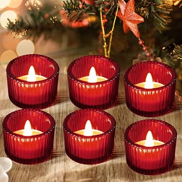 JOYIT Red Votive Candle Holders Bulk Set of 6, Tealight Candle Holder for Wedding Table Centerpiece, Glass Small Candle Holders for Birthday Party, Valentines Day, Home Decor 2X 1.4