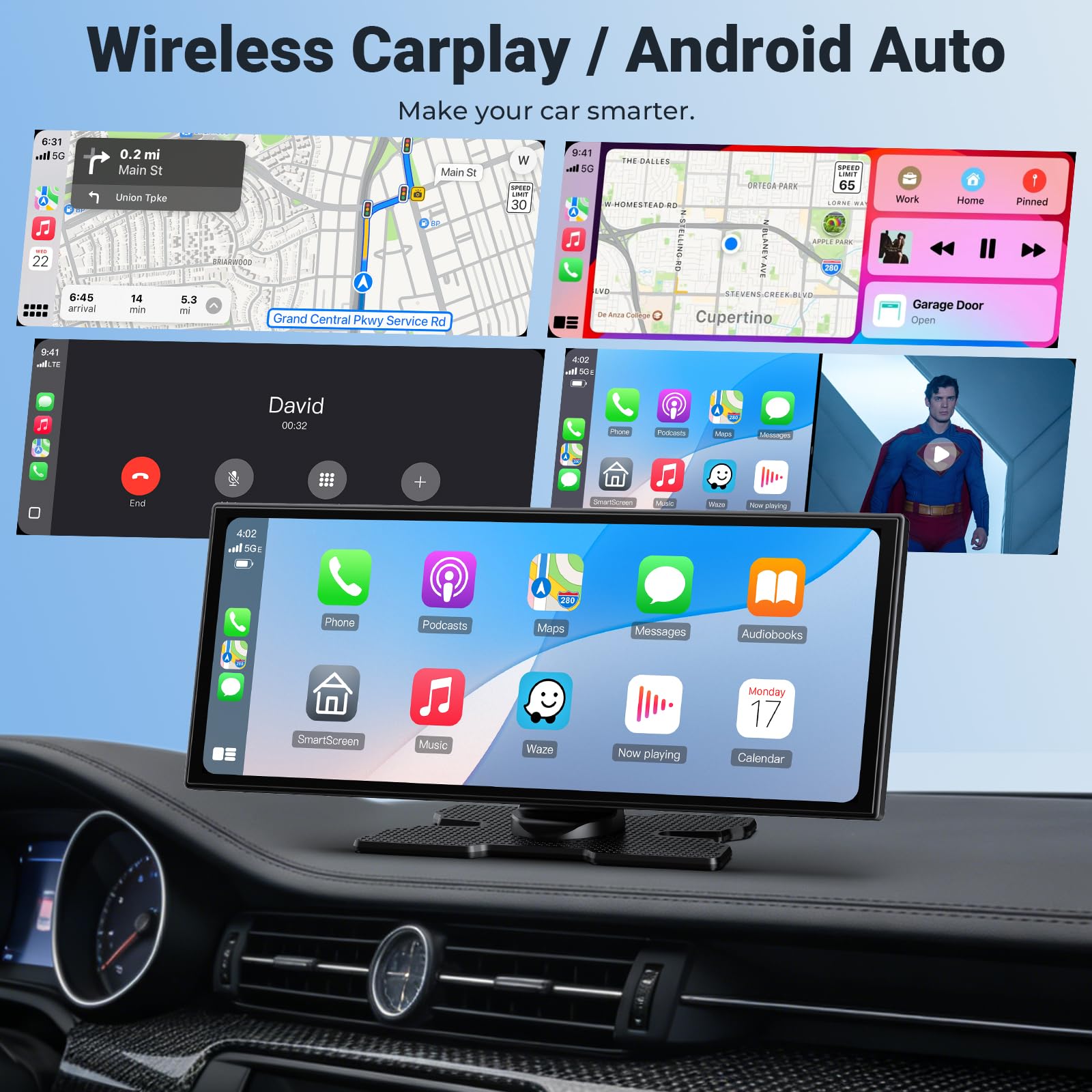 Wyświetlacz samochodowy 10,25" z funkcją CarPlay i Android Auto, zintegrowany Netflix i YouTube, kamera cofania HD, Dual Band WLAN, funkcja dzielonego ekranu, ekran In-Cell