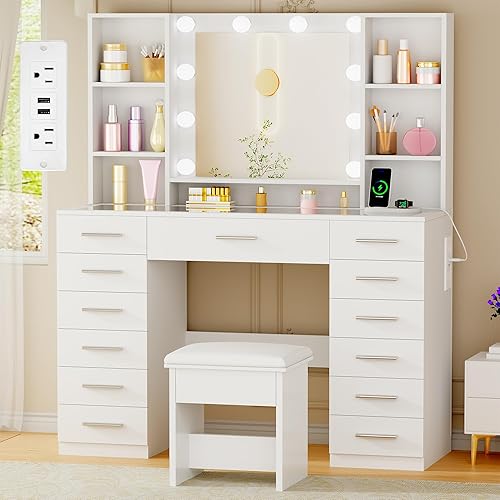 ANWBROAD UBDT18X - Escritorio grande con espejo y luces, escritorio de maquillaje blanco con parte superior de cristal, 13 cajones, 7 estantes