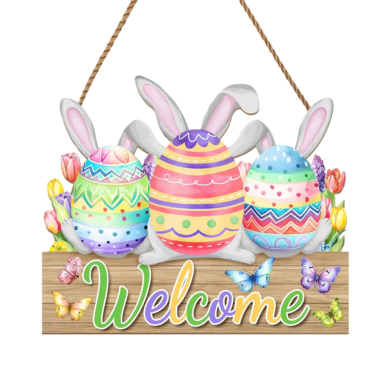 Tsophreniq Wooden Easter Decoration Plaques Welcome Message Rabbits Flowers for Wall and Door Spring Party Supplies Plaques
