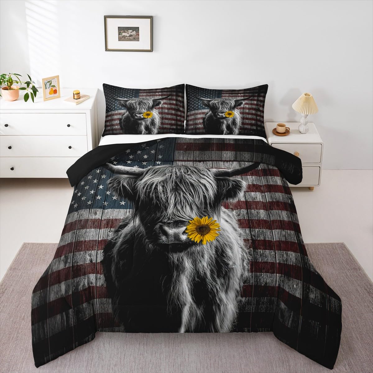 Feelyou Highland Cattle Bedding Set Sunflower Highland Cow Comforter Set for Kids Boys Girls America Flag Bull Comforter Animal Quilt Set 1 Comforter Set with 2 Pillowcases Queen Size