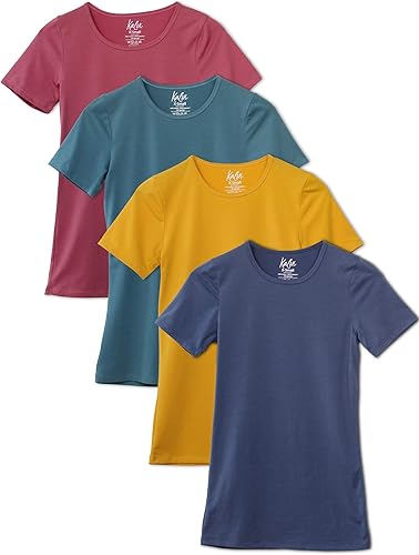 Kalon Paquete de 4 camisetas con cuello redondo para mujer