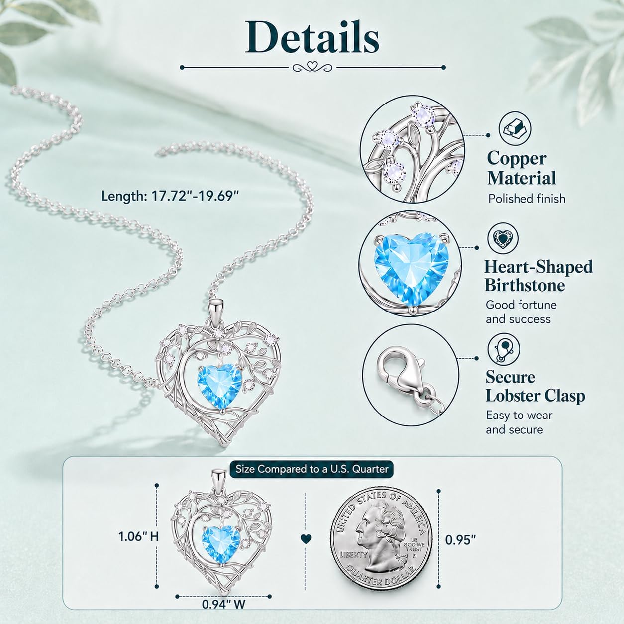 Gamtic Tree of Life Birthstone Pendant Necklace - Heart Cubic Zirconia Diamond Necklace Birth Month Necklaces Birthday Gift for Her Wife Mom Daughter Grandma Girlfriend Anniversary Jewelry Gift