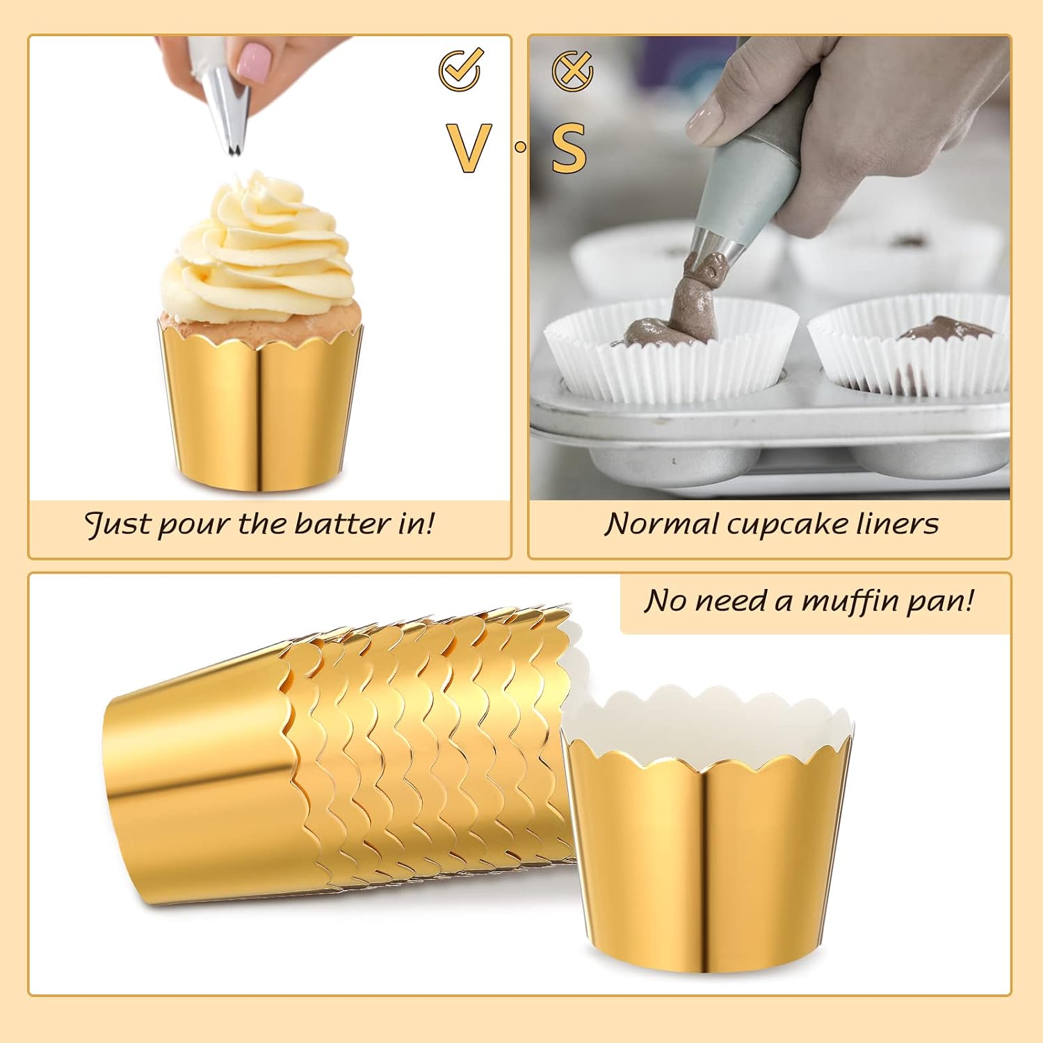 Meanplan 100 Pcs Foil Cupcake Liners Baking Cups Christmas Wedding, Gold