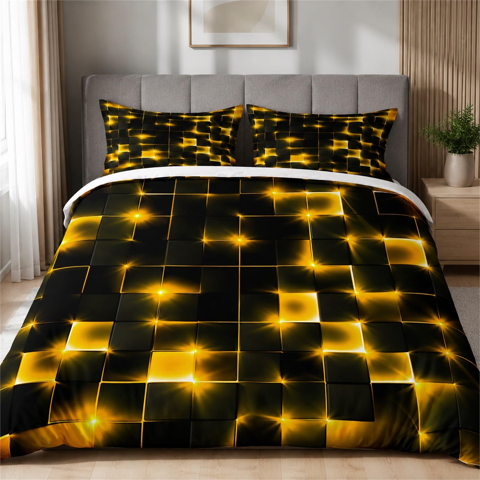 Parure couette carrés géométriques jaune fluo et noir pour lit enfant