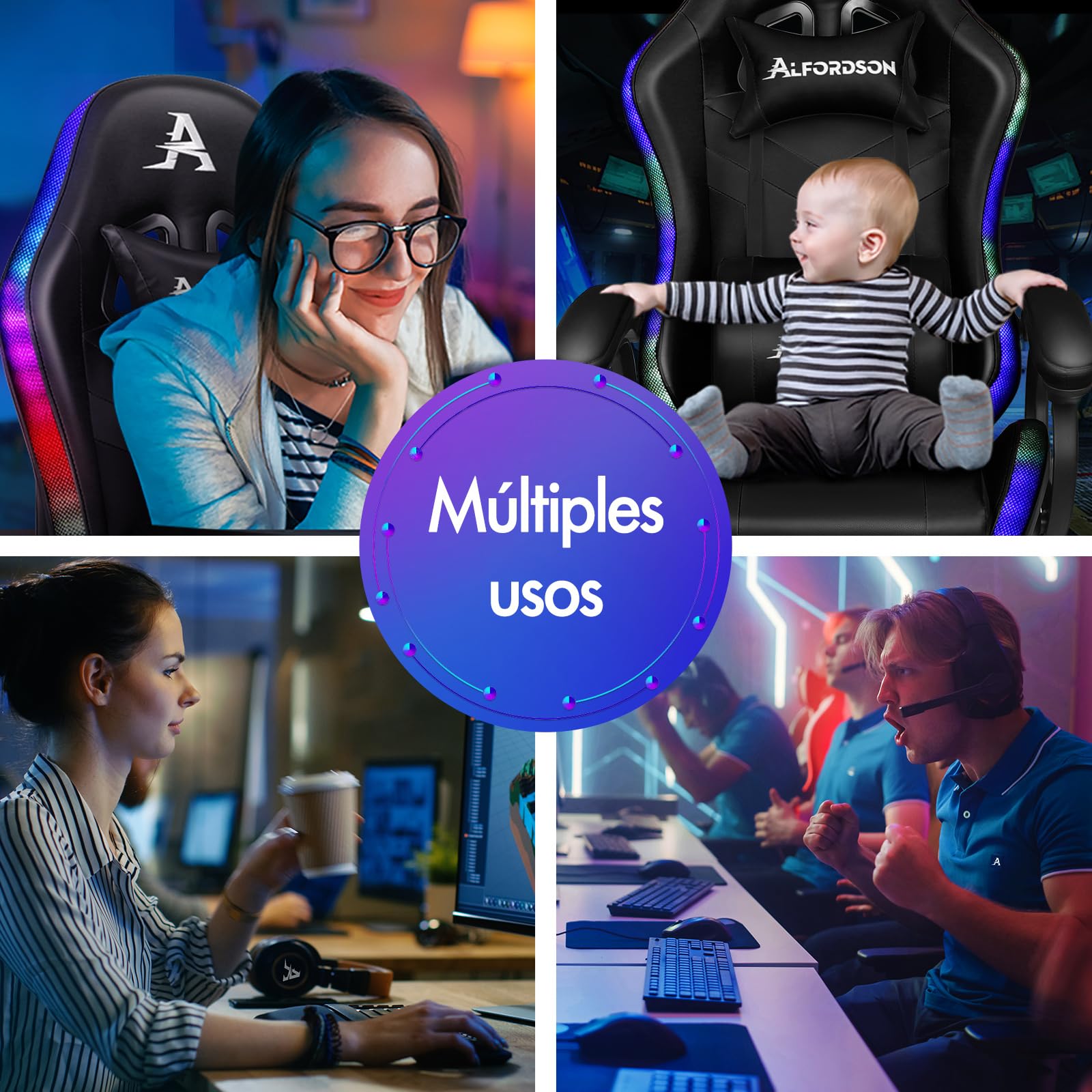 ALFORDSON Silla Gaming con Masaje y LED, Silla Gamer Ergonómica con Cojín Lumbar y Cervical, Reposapiés Telescópico, Iluminación para Ordenador, Videojuego, Juegos, Oficina, Cuero PU(Negra)