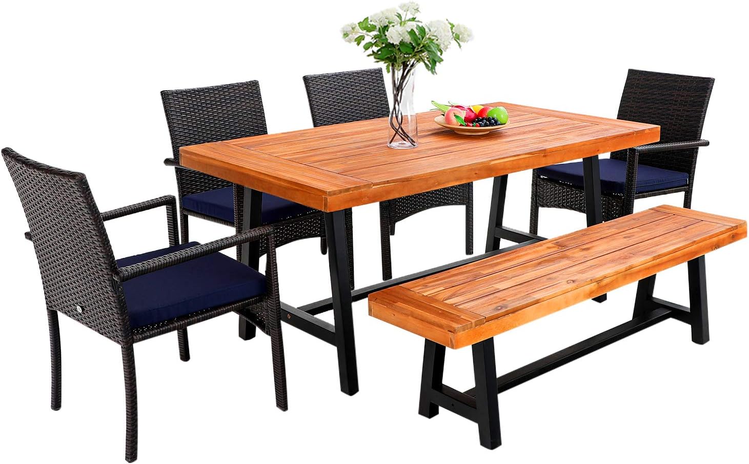 PHI VILLA 6 PCS Outdoor Patio Dining Set, 1 Acacia Wood