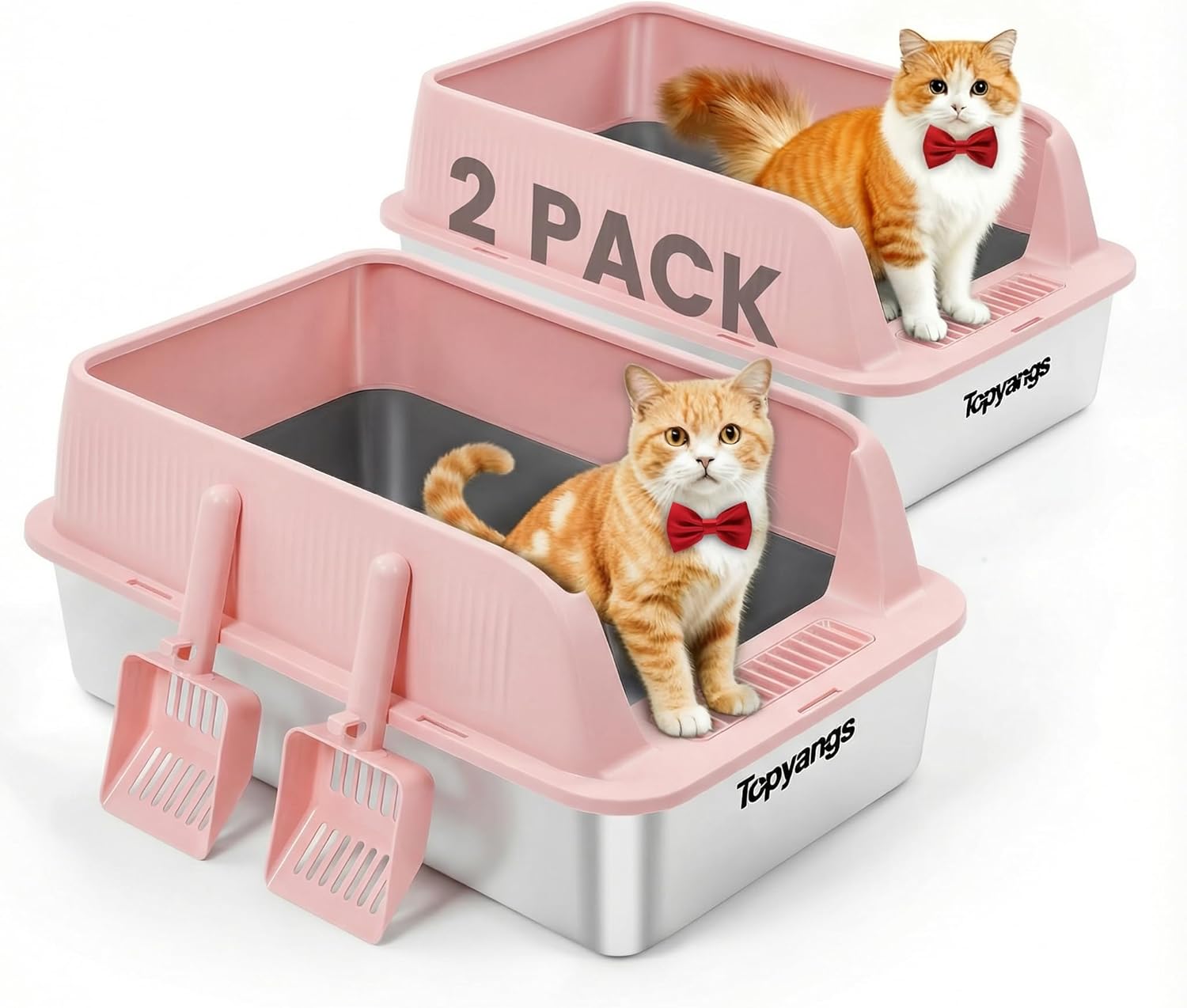 2 Pack Stainless Steel Litter Box, Extra Large Litter Boxes for Big Cats, XL Metal Cat Litter Box with Lid, High Sides, Anti-Urine Leakage, Non-Sticky, Scoop Included (Pink)