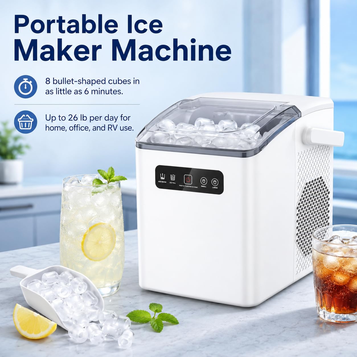 Máquina De Hielo Portátil, 12 Kg/24h, 8 Cubos En 6 Minutos