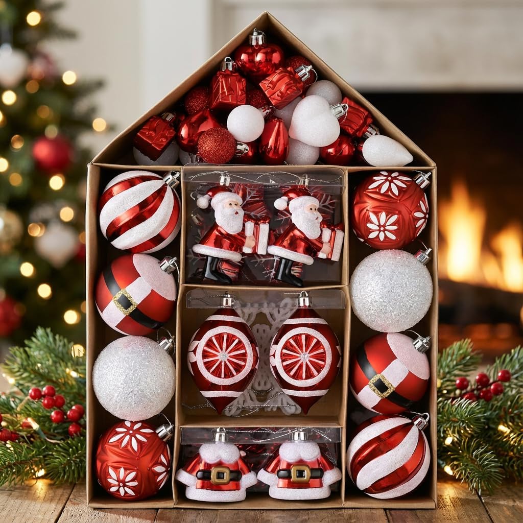 Valery Madelyn Christmas Ornaments Set, 70ct Red and White Shatterproof Christmas Tree Decorations Set, Variety Traditional Red and Silver Decorative Hanging Ball Ornaments Bulk for Xmas Holiday Decor