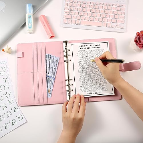 Miniatura 6 de Libro de desafíos de ahorro de dinero con 100 sobres, carpeta de presupuesto A5 con 100 bolsillos, calcomanías de números y una hoja de rastreo,