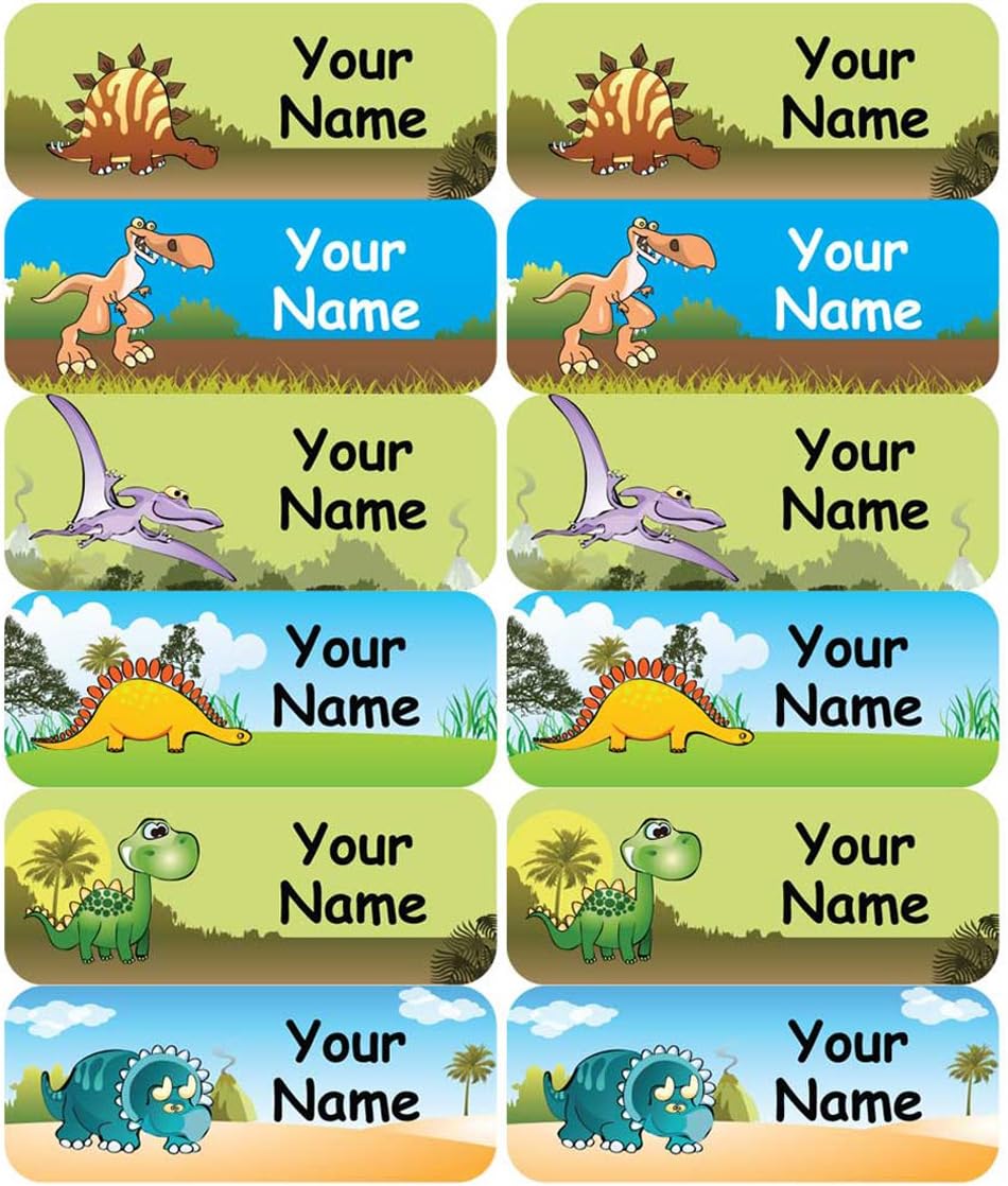 48 Personalised, Waterproof Medium Stick on Name Labels for kids (50x20mm) - Dinosaur Design - Ideal for School items - Water Bottles, Snack Boxes, Sports Gear, Musical Instruments etc. NOT suitable for Clothes.