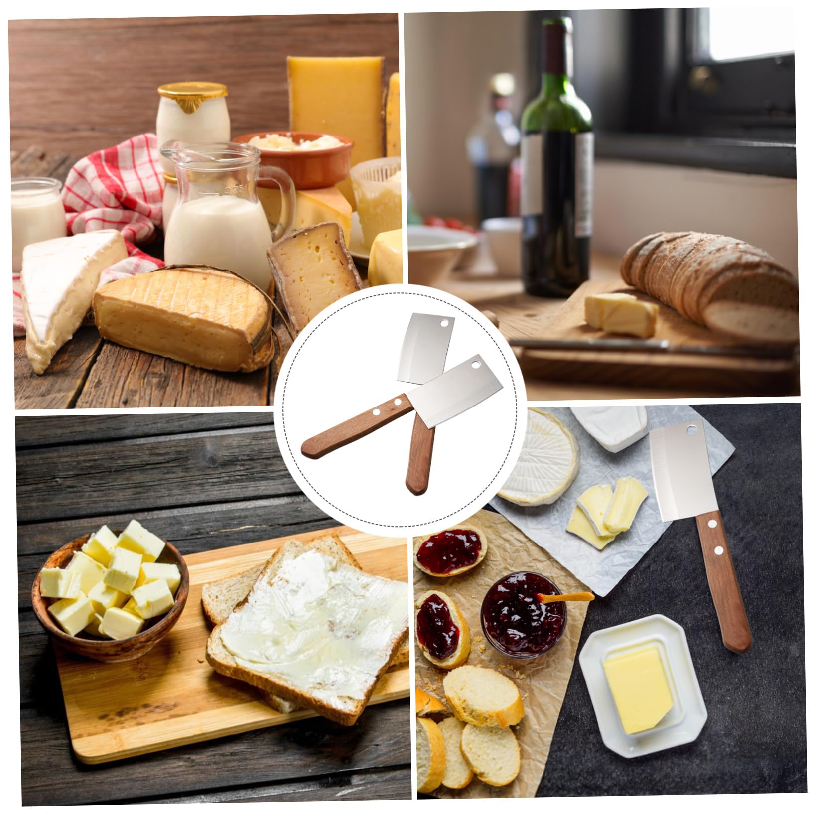 Mini Couteau Cuisine 2 Pièces en Acier Inoxydable pour Fromage | Compact, Résistant à L'usure la Casse, Manche Bois, Rangement Facile, Couleur Argenté