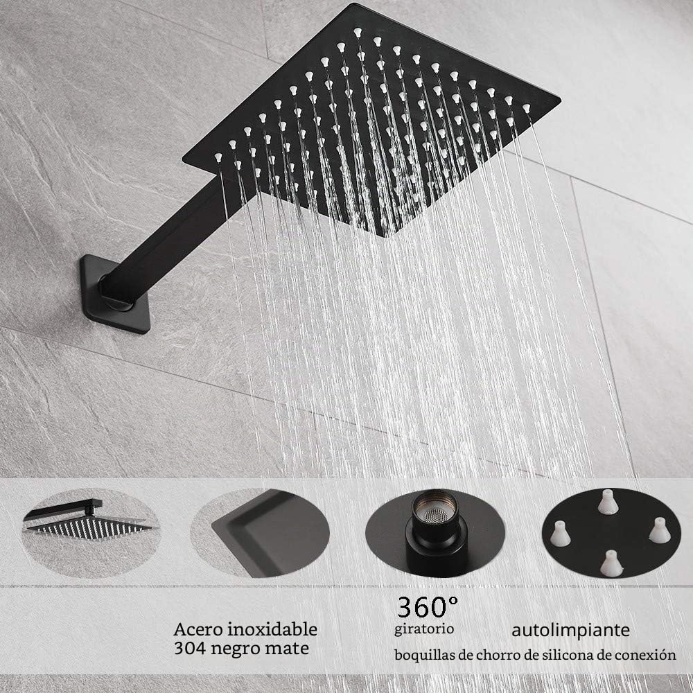 Juego de grifo de ducha negro mate, kit de moldura de ducha de una sola función con válvula rugosa, sistema de cabezal de ducha cuadrado incluido brazo de ducha extralargo para baño