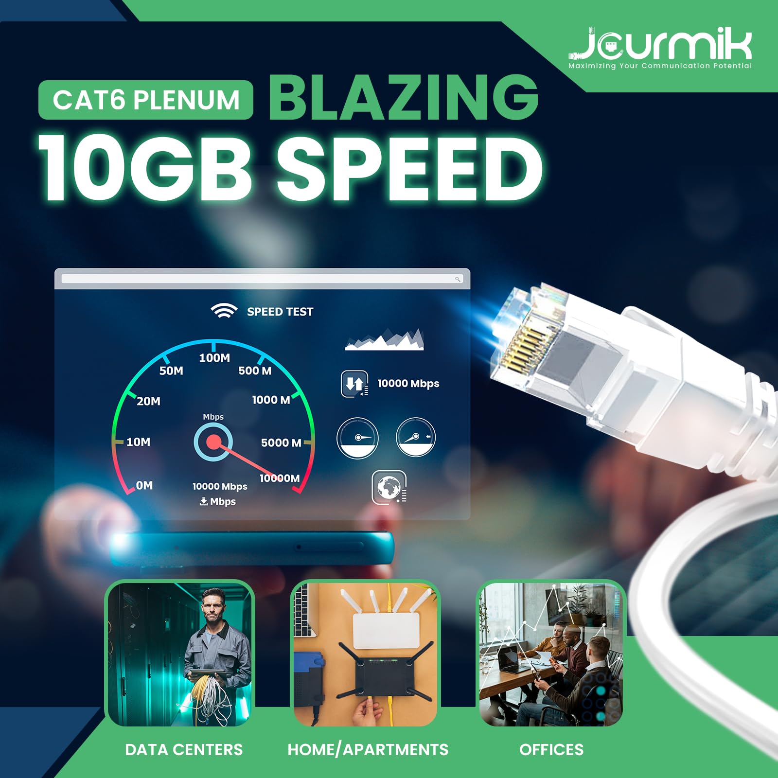 Jourmik | Câble plénum Cat6 de 304,8 m | Certifié DSX-8000, 23AWG, UTP, 550 MHz, 10 Gbit/s | Câble Ethernet CMP 100 % résistant au feu | Câble Ethernet Cat 6 le plus certifié pour la mise en réseau
