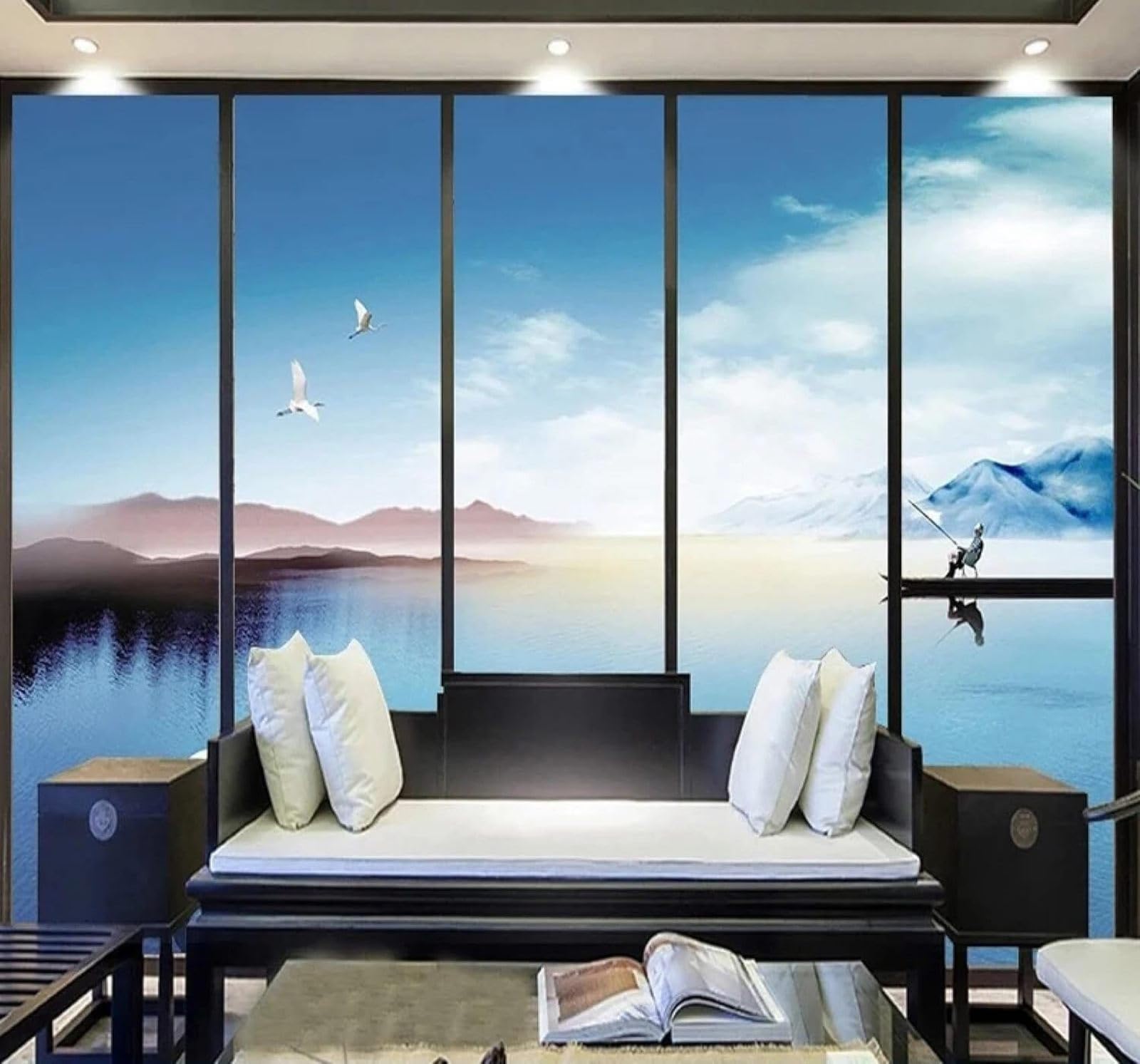 Xlming 400Cm×280Cm(B×H) Hand Painted Blue Landscape Birds In Flight Natural Scenery 3D Wallpaper Luxury Home Dining Decor Paste Sofa Living Room The Wall For Bedroom Mural-400Cm×280Cm
