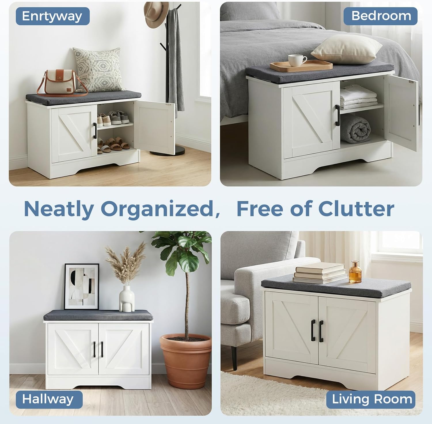 DUMOS Shoe Storage Bench, 47" Wide Shoe Organizer Cabinet with Padded Seat Cushion, 4 Doors, Adjustable Shelf for Entryway, Hallway, Bedroom, Living Room, White