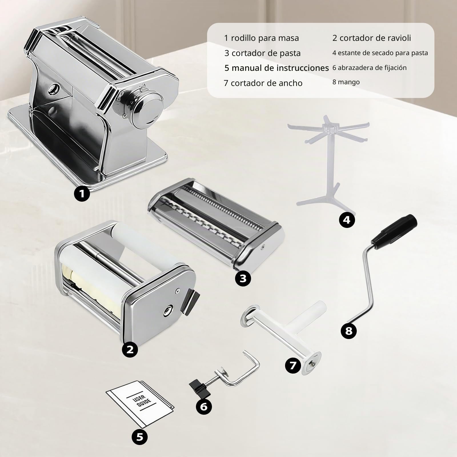 MZTOGR Máquina para hacer pasta y raviolis, juego de 6 piezas de acero de 150 mm con 9 ajustes de grosor ajustables, incluye accesorio para hacer raviolis, estante de secado de pasta