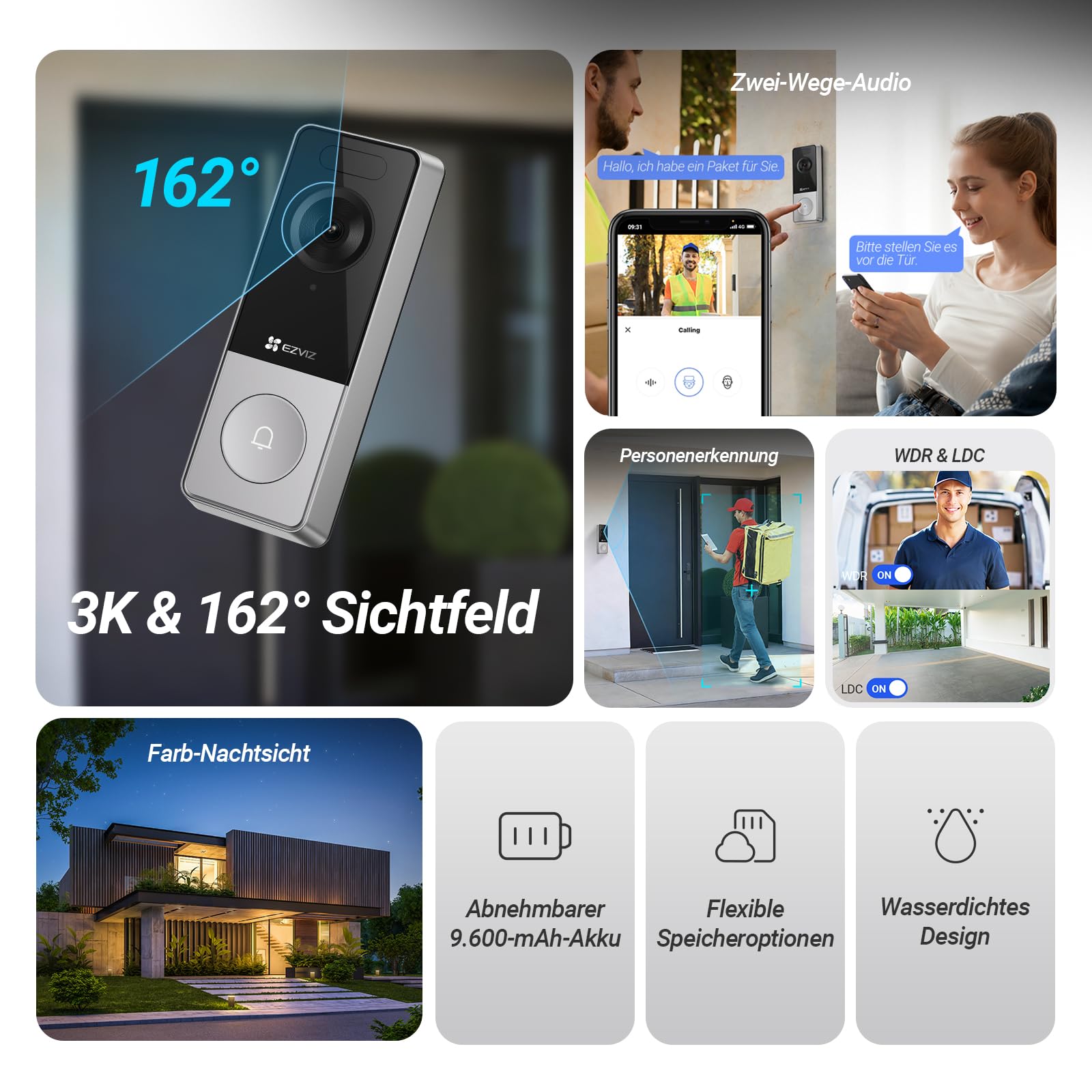 EZVIZ CP8 WLAN Video Türklingel Kabellos mit 3K 5MP Kamera, 9600mAh Herausnehmbarem Akku, Wi-Fi 6, Farbnachtsicht, 162° Weitwinkel, Personenerkennung, Chime, 2-Wege-Audio, Alexa & Google Assistant