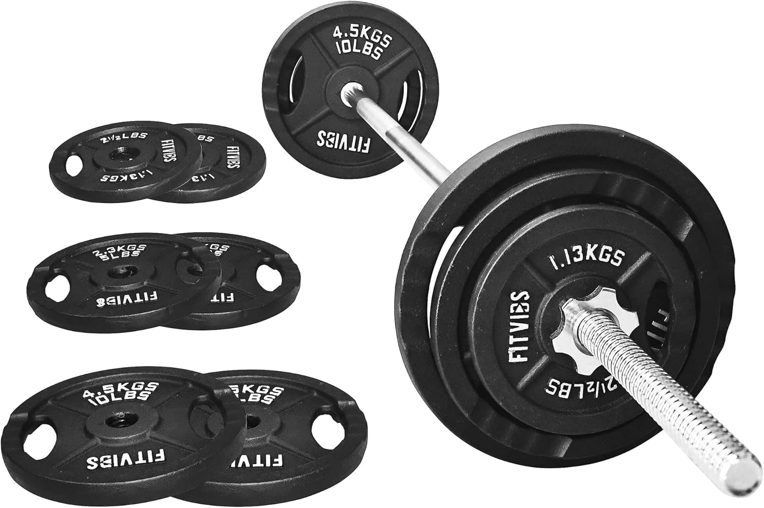 (incomplete set (1)45lb(1)35lb )fitvids barbell weight set, cast iron 1\" standard weight plates including 5ft standard barbell bar & star locks, 45 pounds set (35 lbs plates + 10 lbs barbell bar), multiple packages style #c
