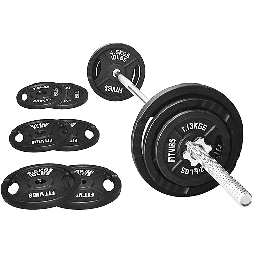 Fitvids Barbell Weight Set, Cast Iron 1" Standard Weight Plates Including 5FT Standard Barbell Bar & Star Locks, 45 Pounds Set (35 Lbs Plates + 10 Lbs Barbell Bar), Multiple Packages