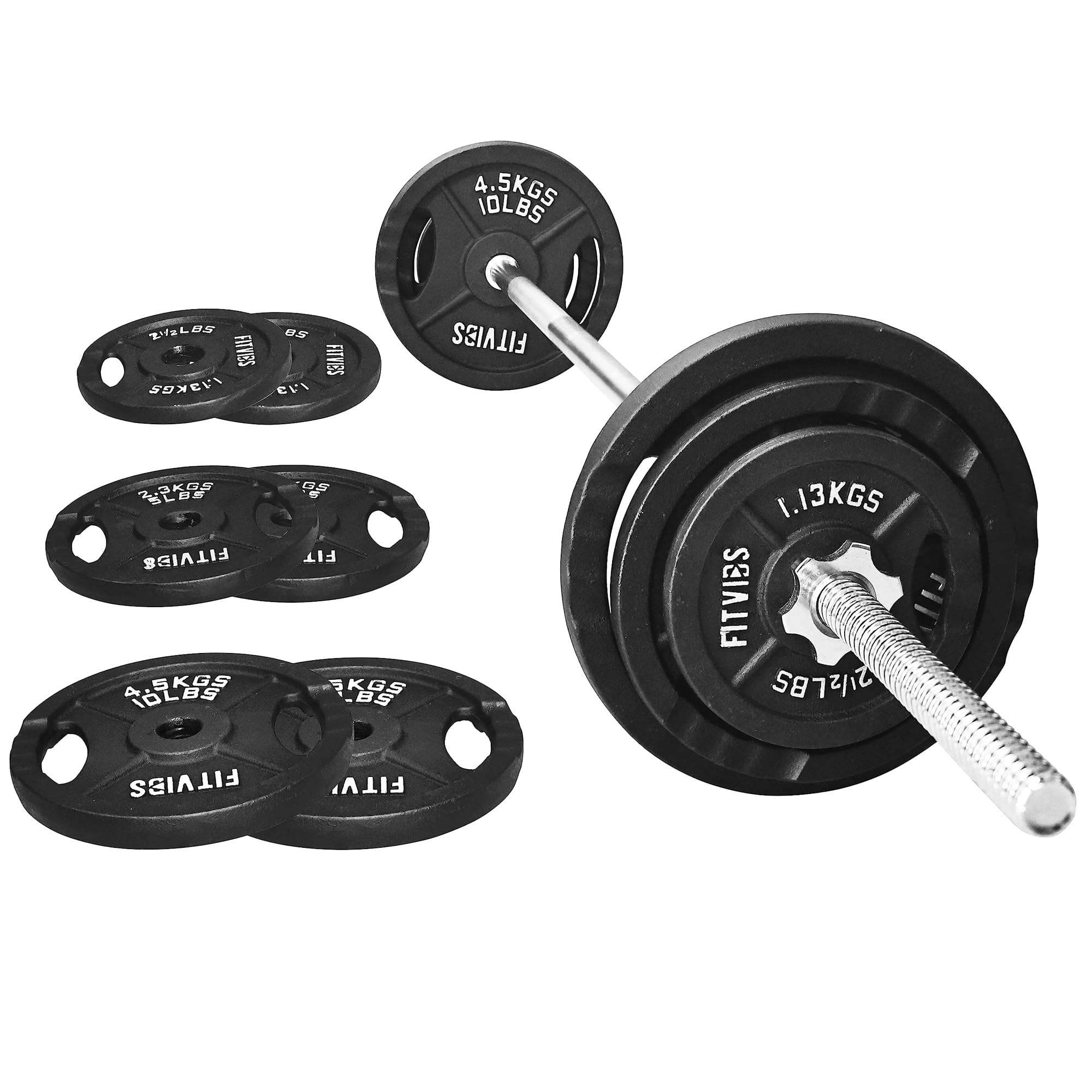 Photo 1 of ***Missing Bar*** ***Partial Set*** Fitvids Barbell Weight Set, Cast Iron 1" Standard Weight Plates Including 5FT Bar & Star Locks, Style #3, Black