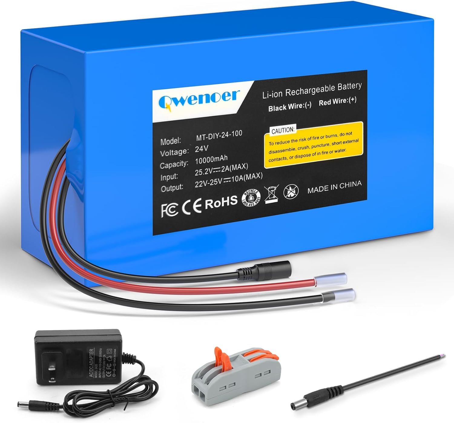 24V 10Ah Lithium Battery, 24V Rechargeable Li-ion Battery with 25.2V 2A Charger, Bare Leads Wire, Cable Connector for Kids Ride On Cars, DIY Project, RC Car, Solar Panels, LED Light Strip, CCTV Camera