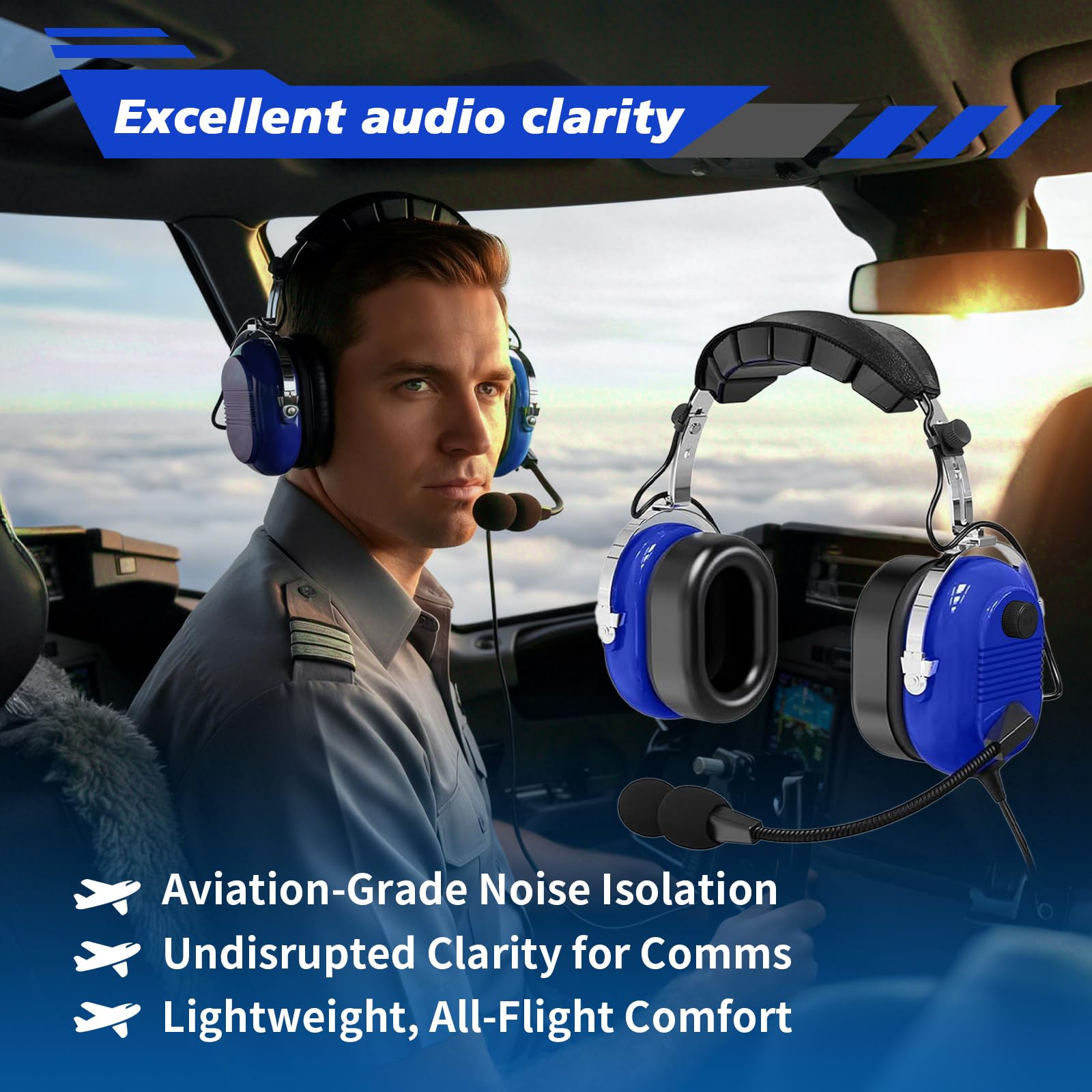 WODASEN Casque pilote d'aviation pour étudiants, école de vol, casque d'aviation à suppression passive du bruit, avec micro perche, contrôle du volume, double prise GA 24 dB, compatibilité mono et