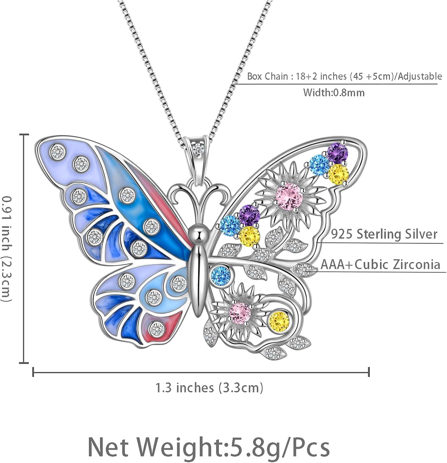 Aurora Tears 925 Sterling Silver Butterfly Flower Pendant Necklace - Colorful Enamel Zircon Adjustable Chain Jewelry Gift for Women Her - Image 4