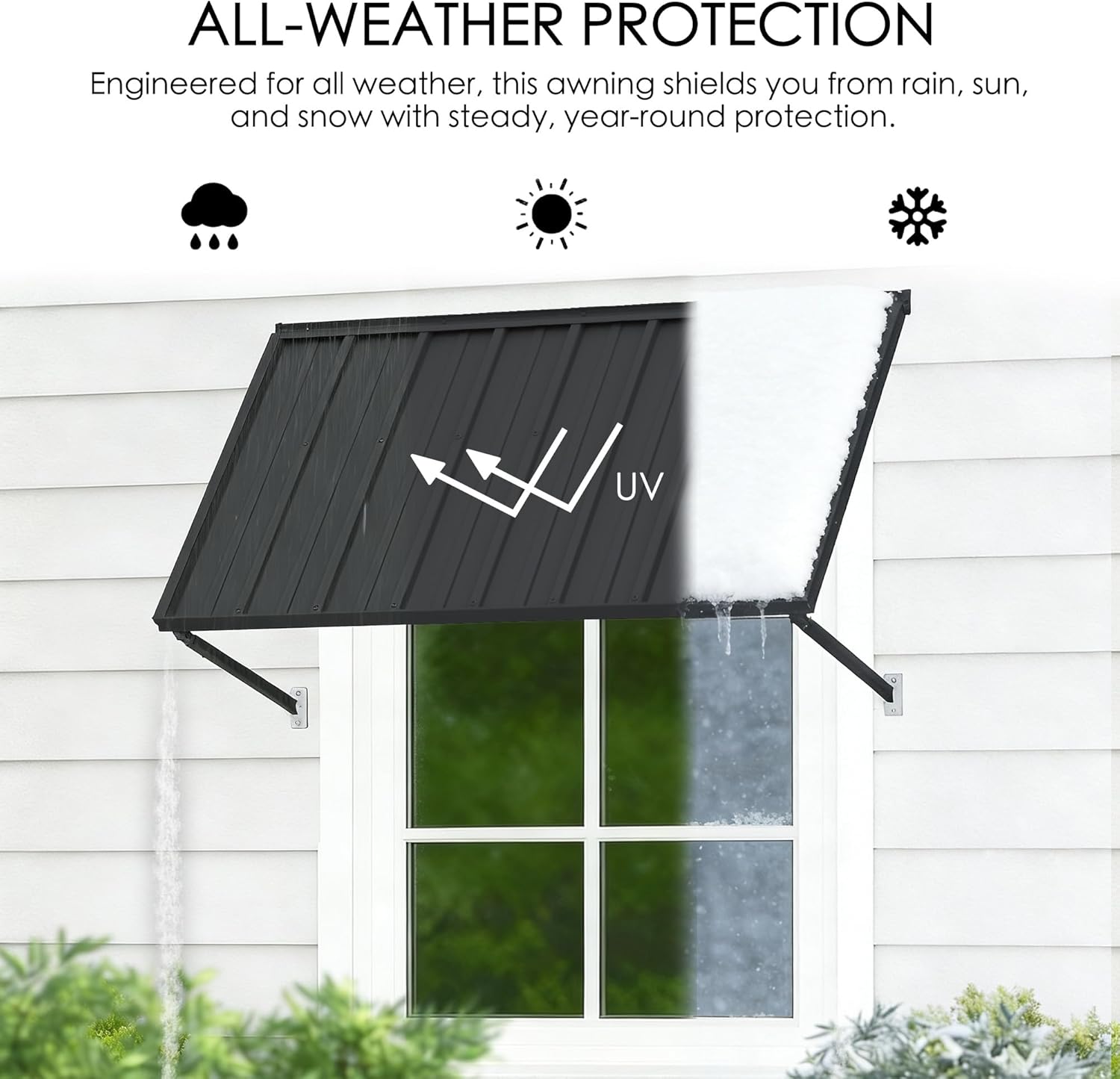 Kozyard Adjustable Window Awning – 4-Level Tilt, 42" W × 32" Sloped Panel, Adjustable Projection 22"–31", Powder-Coated Iron Canopy, All-Weather Rain, Snow & UV Protection (Dark Gray)