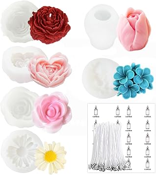 6 Pcs Flower Candle Resin Mold 3D Heart Rose Daisy Peony Tulip Silicone Mold for Candle Soap Chocolate Resin Making Silicone Mold Rosas Silicona para Velas Valentine Day Gift