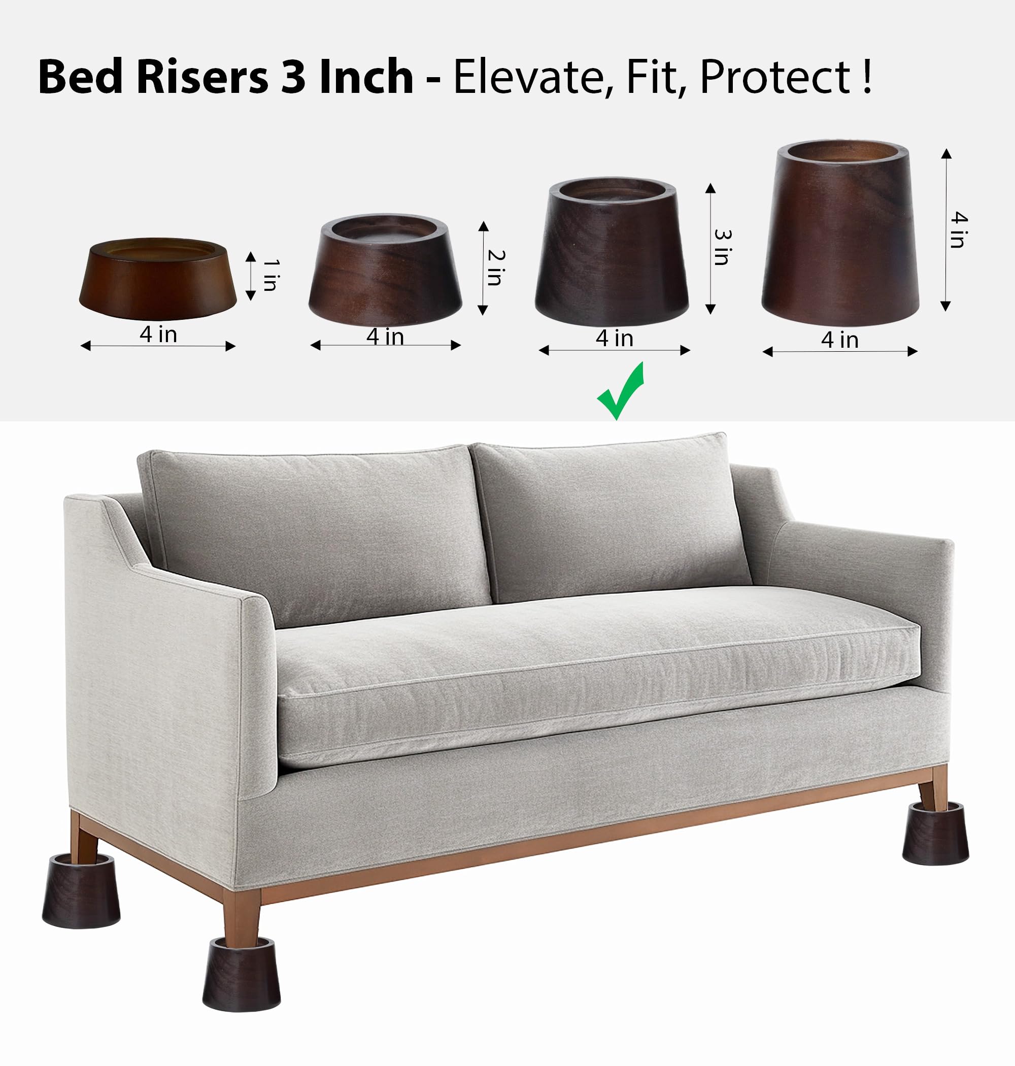 MONTIHOLD Bed Risers - Premium Pine Wood Furniture Risers, Sturdy 3-Inch Lifts for Heavy-Duty Support and Enhanced Decor (Dark Brown, 3 Inch)