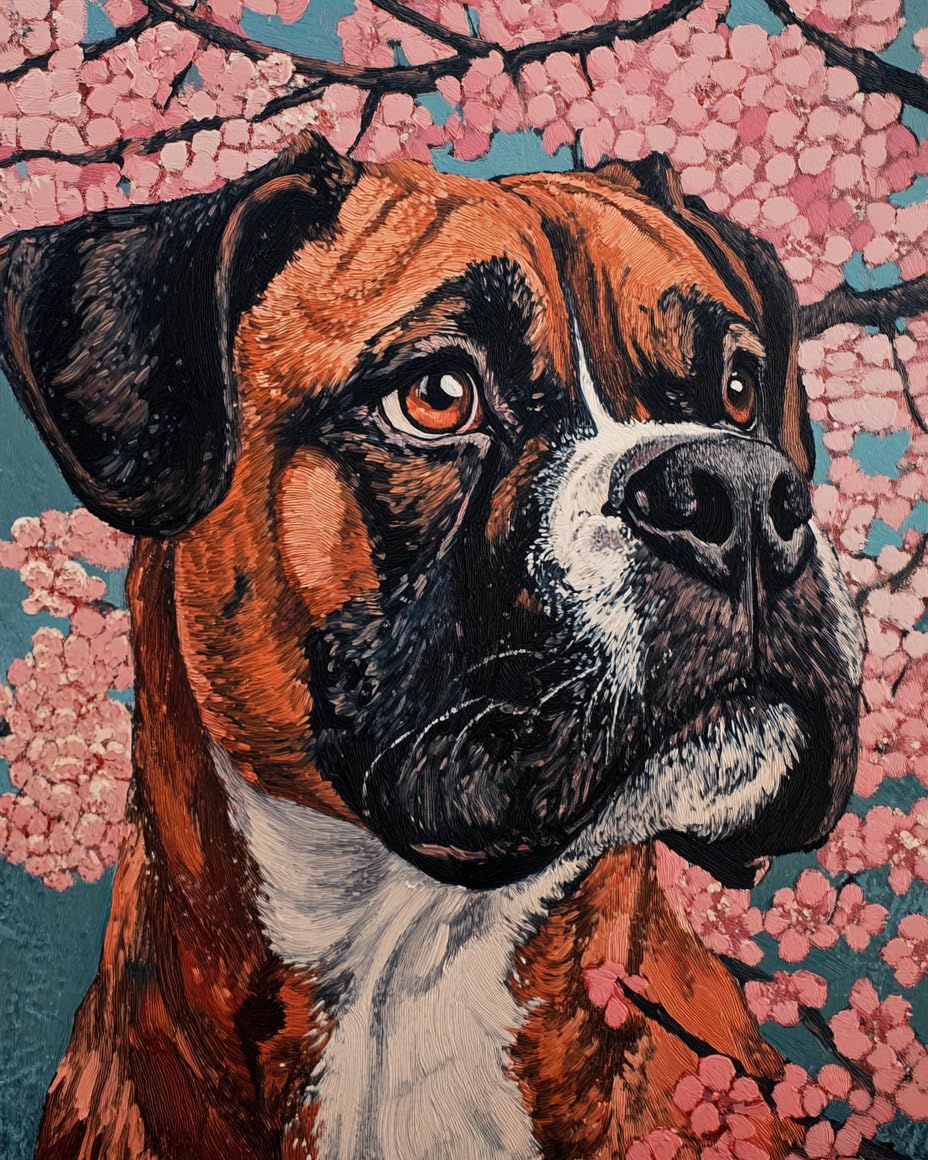 WANMIU DIY Paint by Numbers Flame Boxer Dog Under The Cherry Tree with Paint Brushes and Acrylic Painting Kit 16x20 Inch for Kids and Adults Beginner Gifts