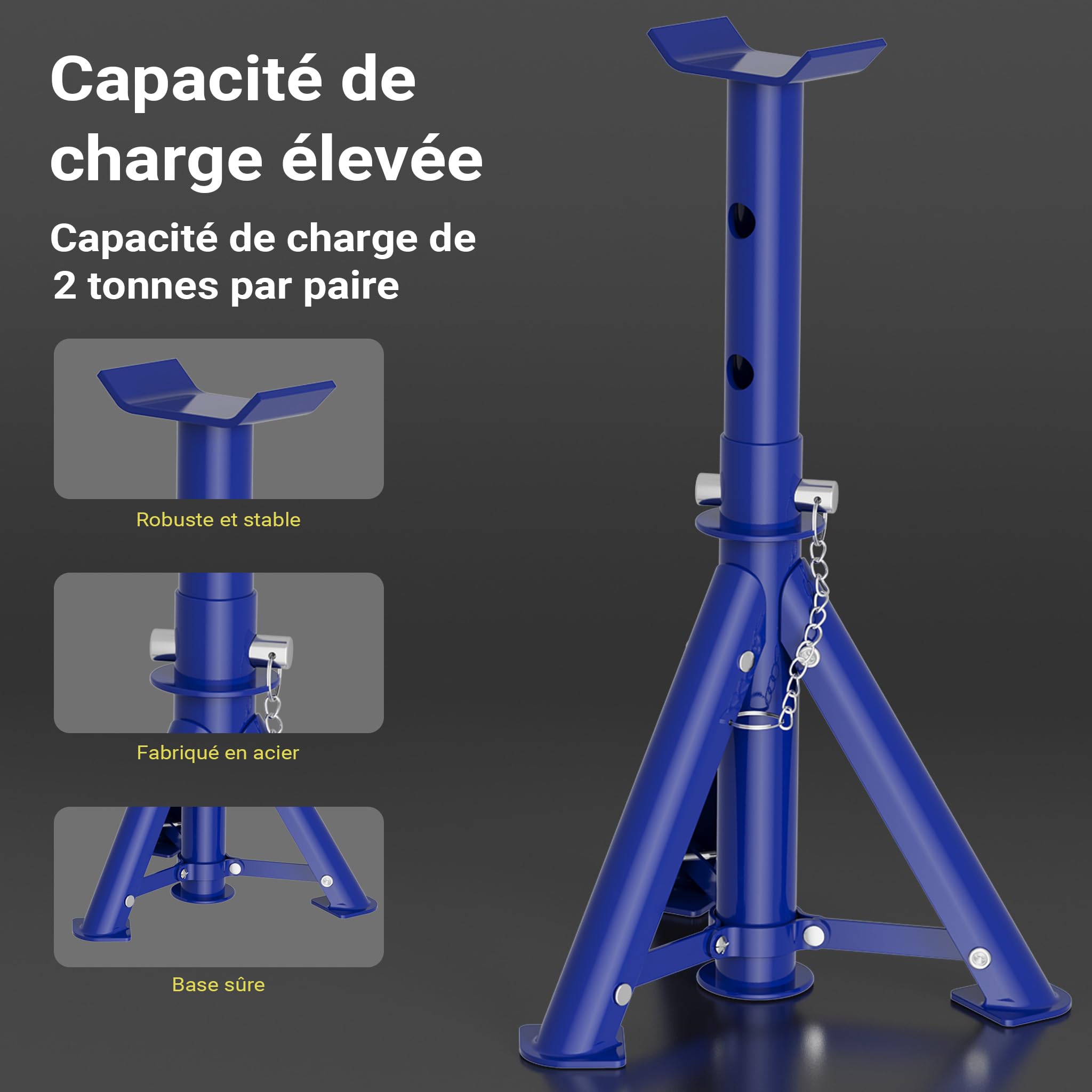 Wiltec Cric et 2 Chandelles Force de Levage Max. 2t Supports rabattables Hauteur Travail Ajustable