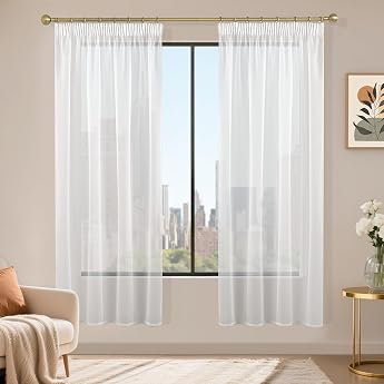 Runy&eacute;la Stores Curtains with Ruffle Tape, Set of 2, Voile Sliding Curtains, 180 x 120 cm (H x W), Transparent Curtain, White,