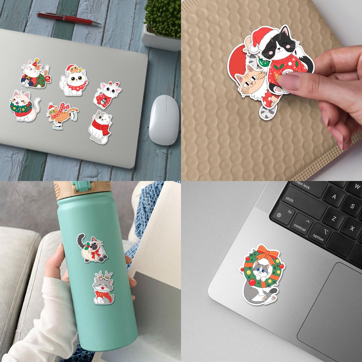 Set di 12 adesivi natalizi a forma di gatto, con cappello di Babbo Natale, maglione, sciarpa, ornamento, ghirlanda, decorazioni festive, adesivi in vinile per laptop, bottiglia d'acqua, telefono