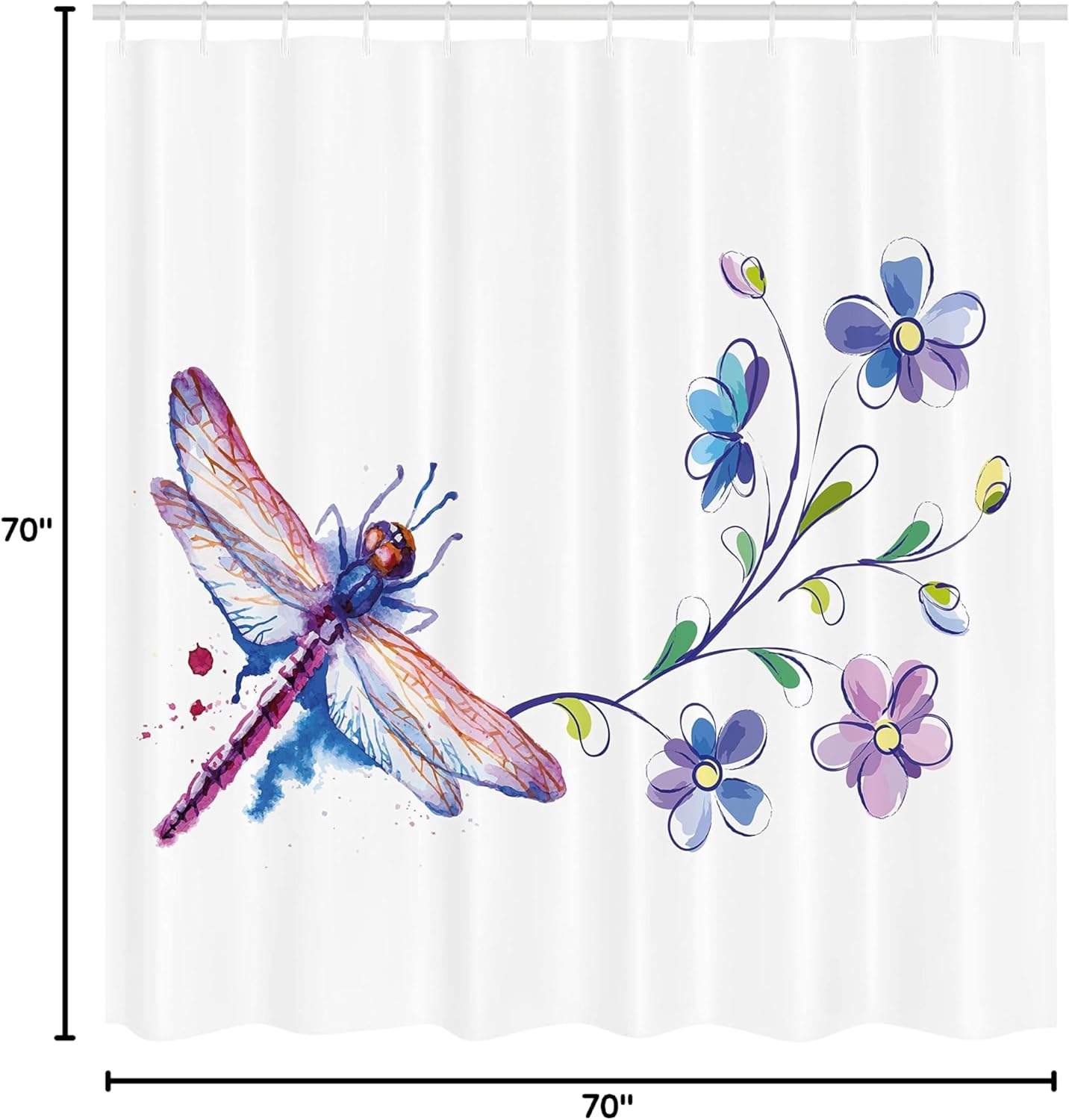 Ambesonne Dragonfly Shower Curtain, Watercolor Bug Butterfly Like Moth with Branch Ivy Flowers Lilies Art, Cloth Fabric Bathroom Decor Set with Hooks, 69" W x 70" L, Purple Green