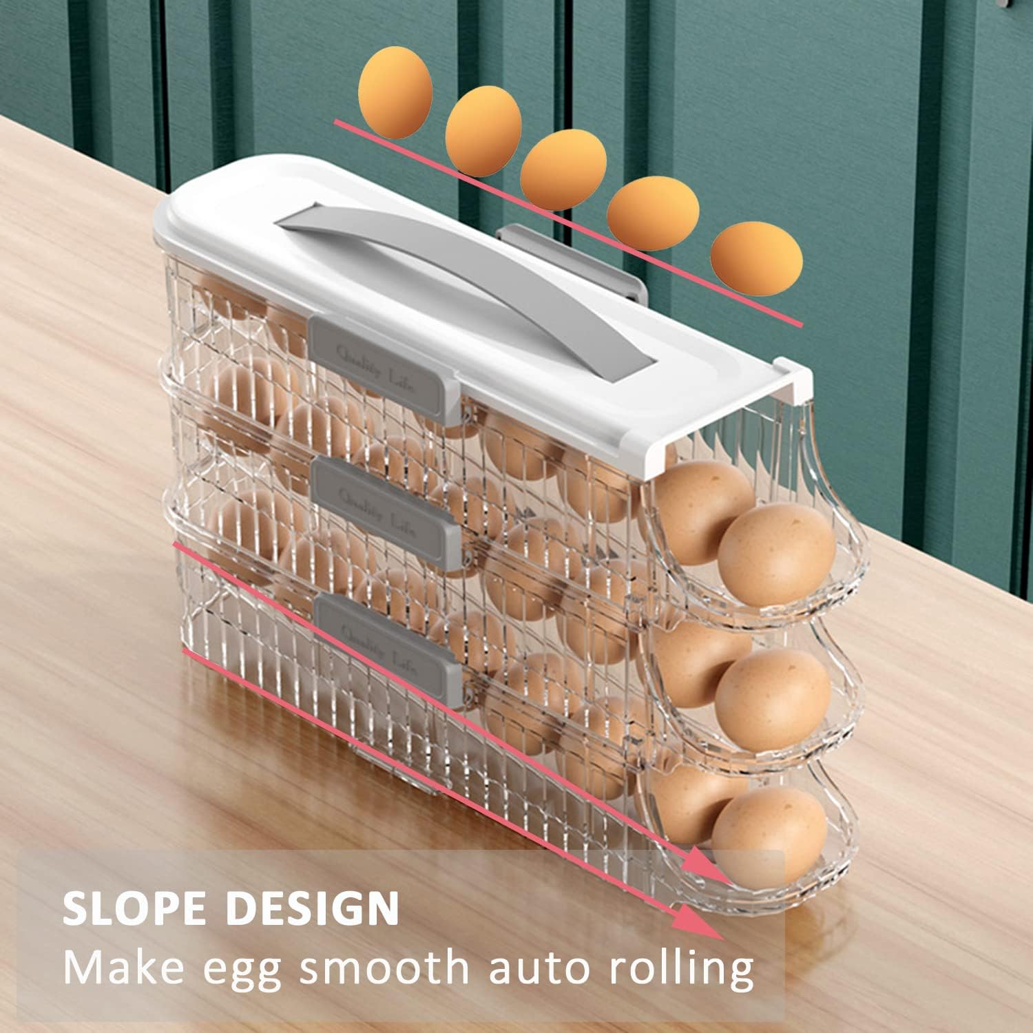 KLUFO Egg Holder for Refrigerator - Auto Rolling Egg Organizer 1 Layer - Stacked Egg Tray Fridge Egg Storage Container - Hold 24 Eggs