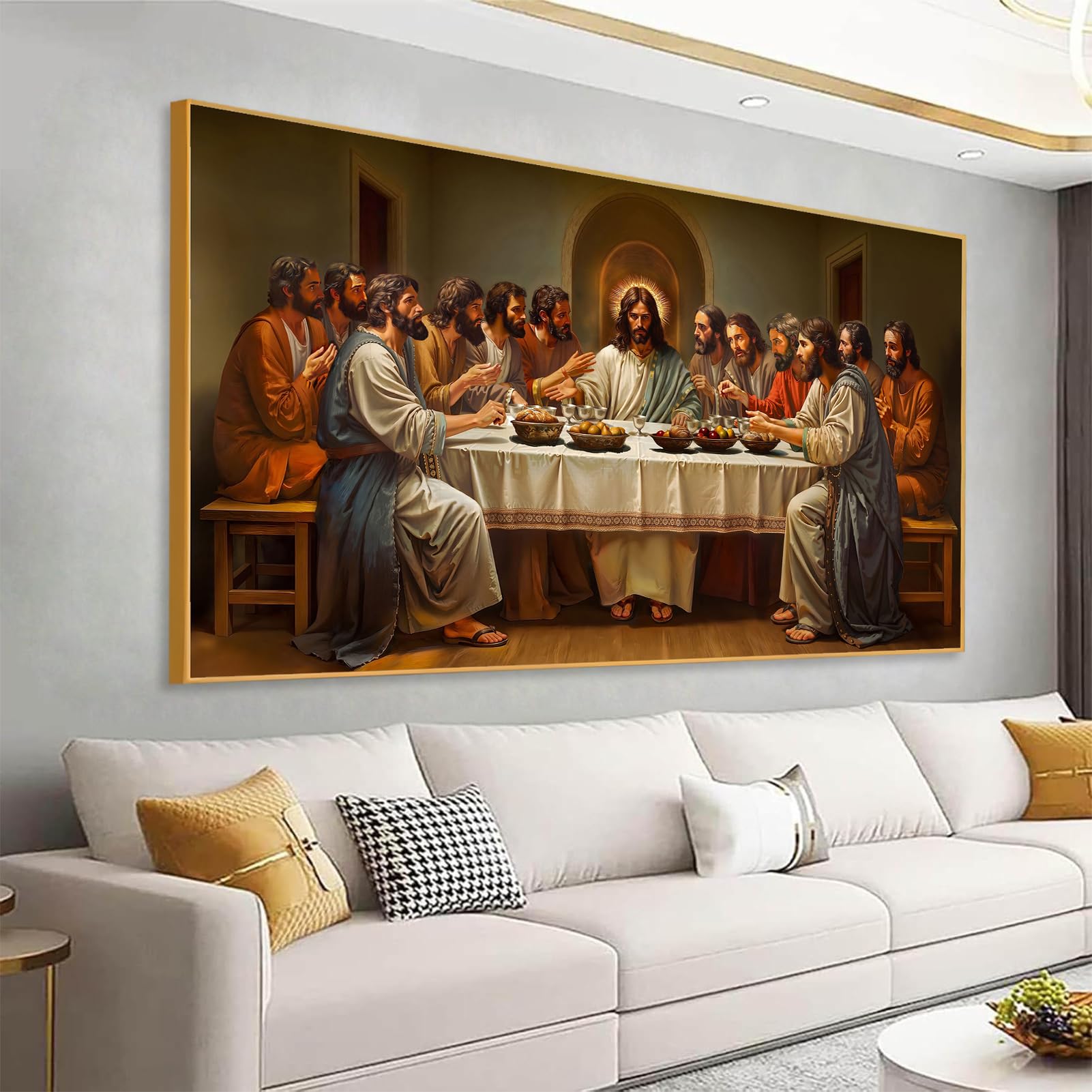 Jesus Last Supper Canvas Wall Art, Religious Canvas Wall Art, Jesus Christ and His Apostles Decor, The Last Supper Painting, Christian Picture Print, Dining Room Decor (Gold Framed,30"x17"/76x43cm)