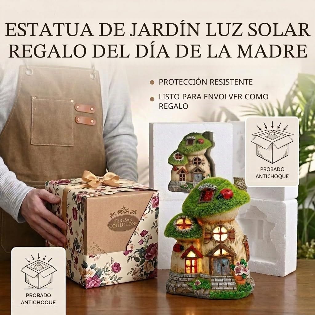 TERESA'S COLLECTIONS Adorno Jardín Exterior | Casa de Hadas con Seta de Resina con Lámpara Solar, Regalos para Hija, Mamá, Césped, Balcón, Regalo para Mujer (M)