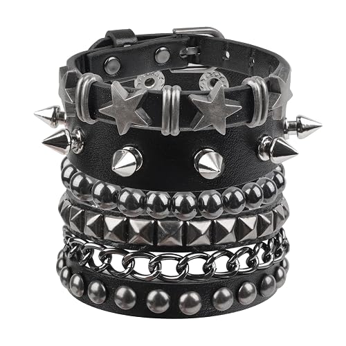 4 Pcs Punk Rock Studded Bracelet Set Leather Cuff Bracelets